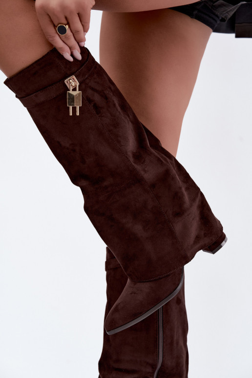 Warm long boots with heels featuring an embedded golden decoration in brown color Danessa