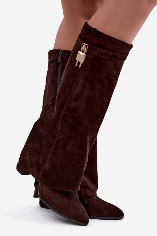 Warm long boots with heels featuring an embedded golden decoration in brown color Danessa