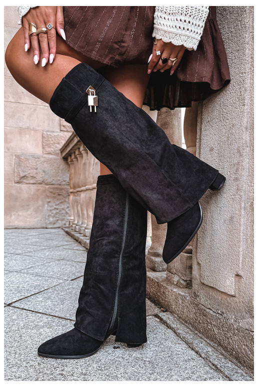 Warm long boots with heels featuring an embedded golden decoration in black color Danessa
