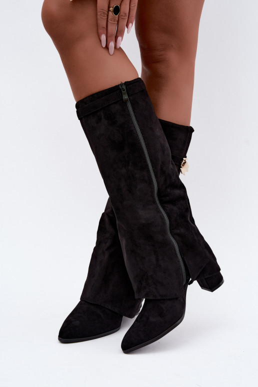 Warm long boots with heels featuring an embedded golden decoration in black color Danessa