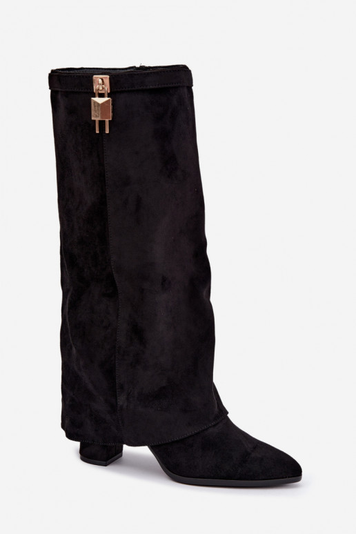 Warm long boots with heels featuring an embedded golden decoration in black color Danessa