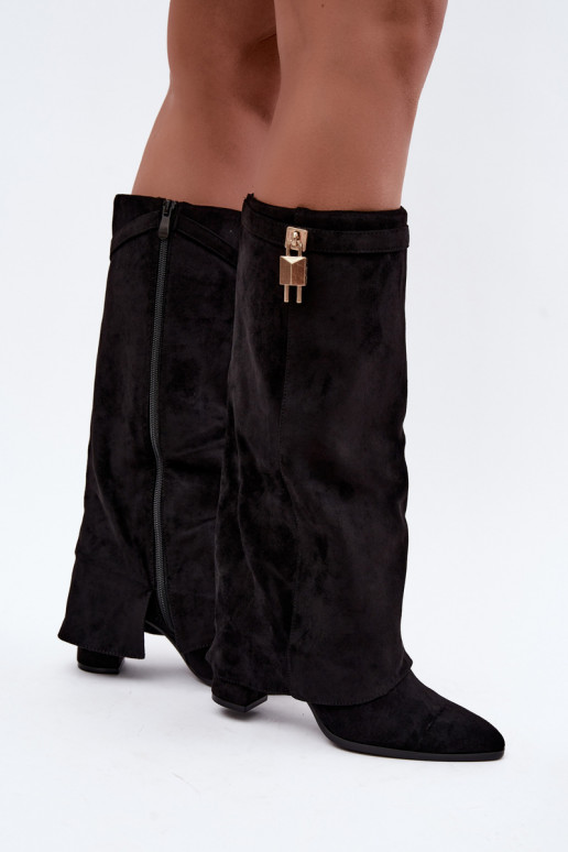 Warm long boots with heels featuring an embedded golden decoration in black color Danessa