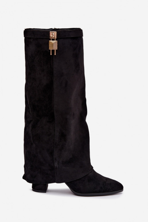 Warm long boots with heels featuring an embedded golden decoration in black color Danessa