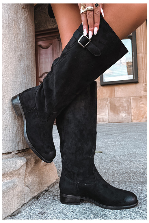 Women's long boots with wide heels and buckles in black color Farela