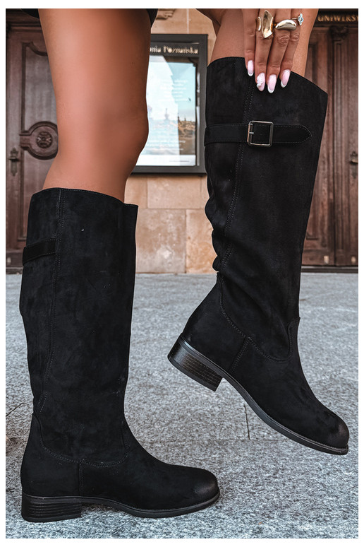 Women's long boots with wide heels and buckles in black color Farela