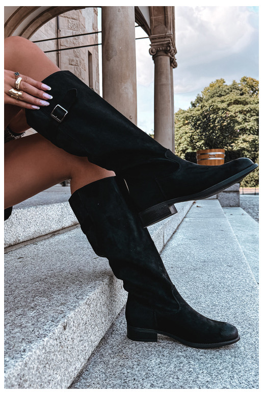 Women's long boots with wide heels and buckles in black color Farela