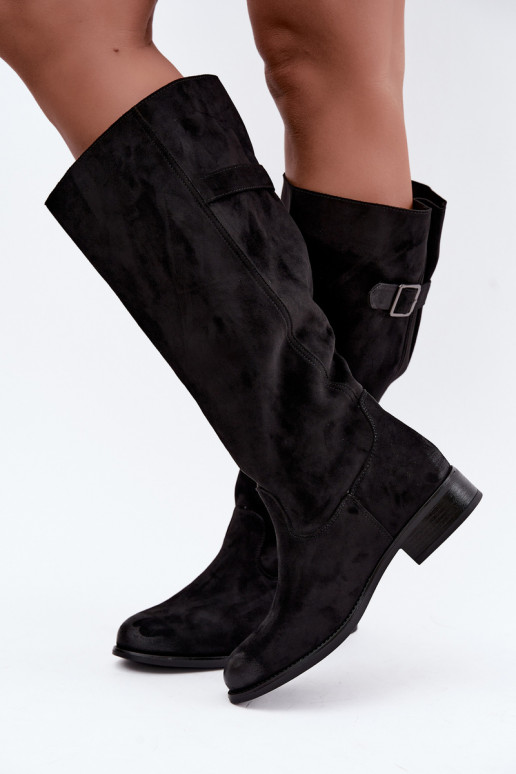 Women's long boots with wide heels and buckles in black color Farela