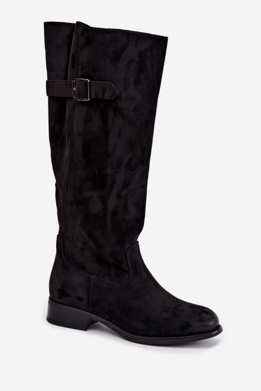 Women's long boots with wide heels and buckles in black color Farela