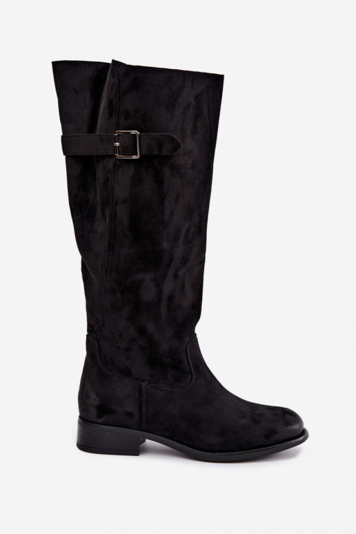 Women's long boots with wide heels and buckles in black color Farela