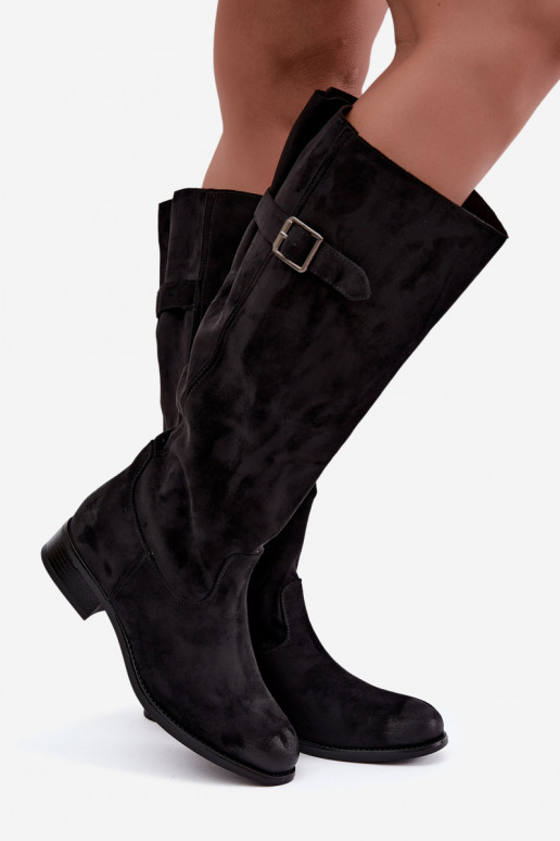 Women's long boots with wide heels and buckles in black color Farela