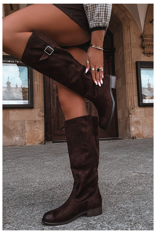 Women's knee-high boots with wide heels and buckles, brown Farela