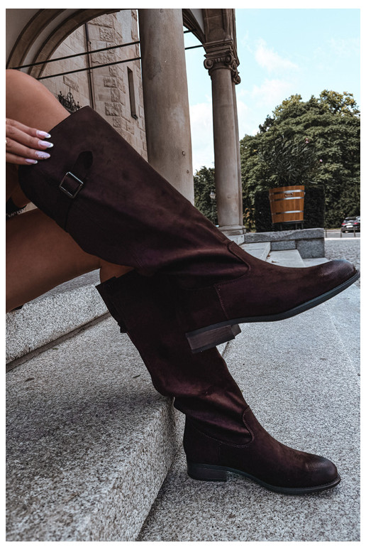 Women's knee-high boots with wide heels and buckles, brown Farela