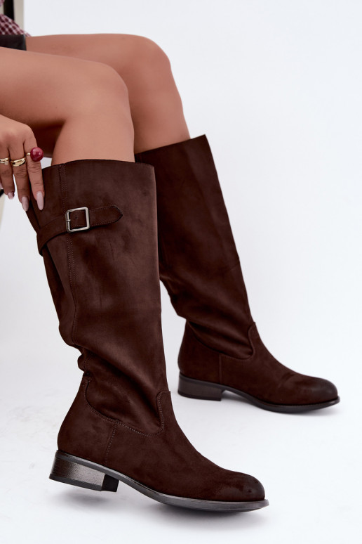 Women's knee-high boots with wide heels and buckles, brown Farela