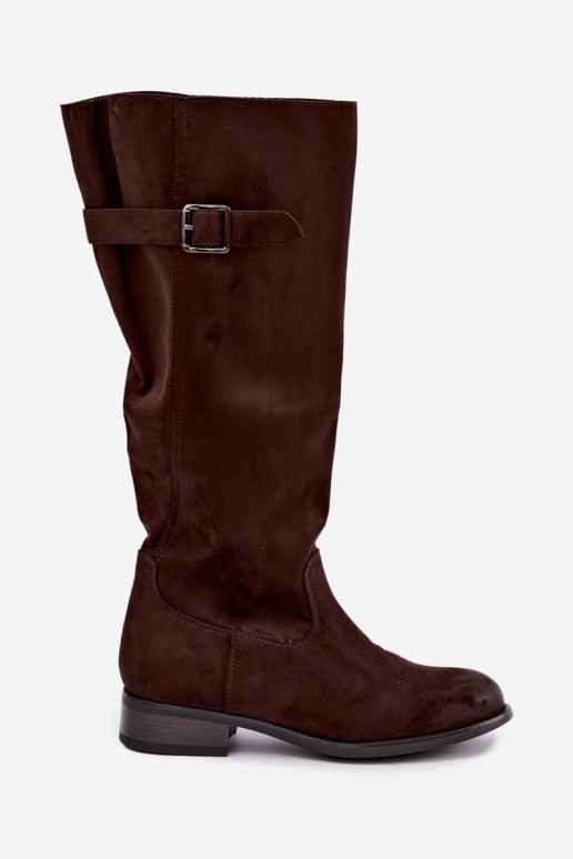 Women's knee-high boots with wide heels and buckles, brown Farela