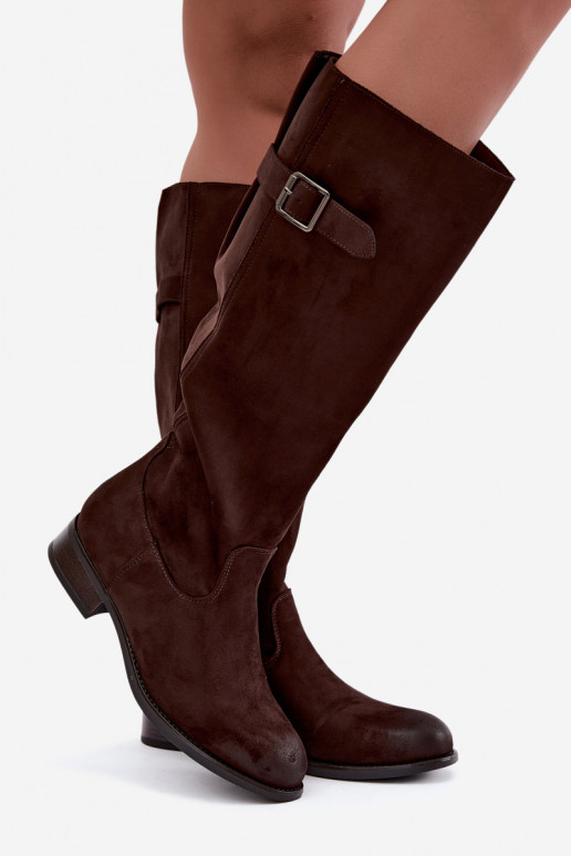 Women's knee-high boots with wide heels and buckles, brown Farela