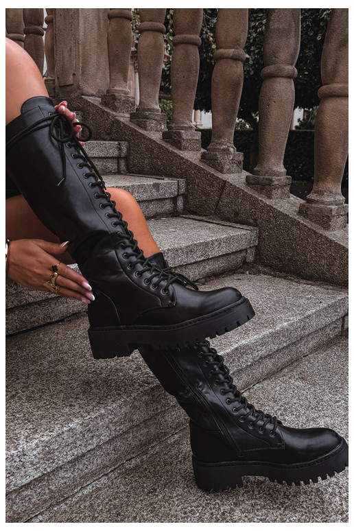 Laced women's knee-high boots with platform, black Jalira