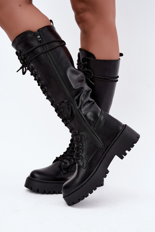 Laced women's knee-high boots with platform, black Jalira