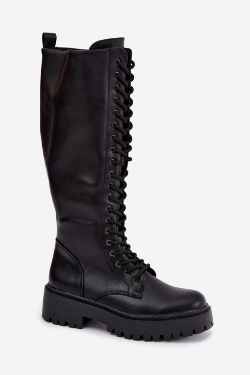 Laced women's knee-high boots with platform, black Jalira