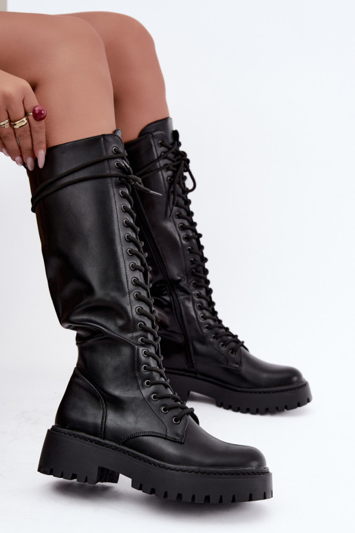 Laced women's knee-high boots with platform, black Jalira