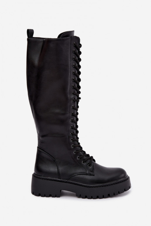 Laced women's knee-high boots with platform, black Jalira