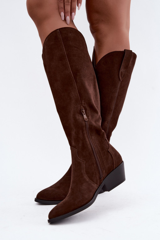 Faux suede cowboy-style long boots in brown color Medira