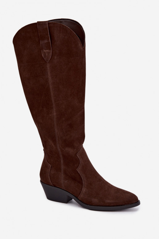 Faux suede cowboy-style long boots in brown color Medira
