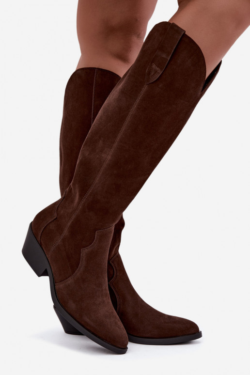 Faux suede cowboy-style long boots in brown color Medira