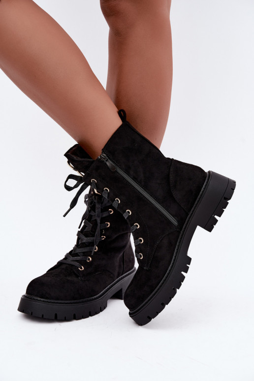 Warm women's ankle boots with suede ornaments, black Falira