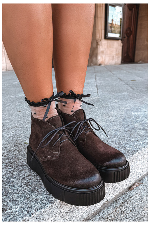 Leather women's faux suede warm shoes with platform in brown color Zazoo 60588