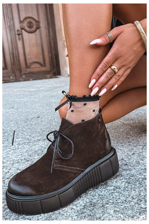 Leather women's faux suede warm shoes with platform in brown color Zazoo 60588