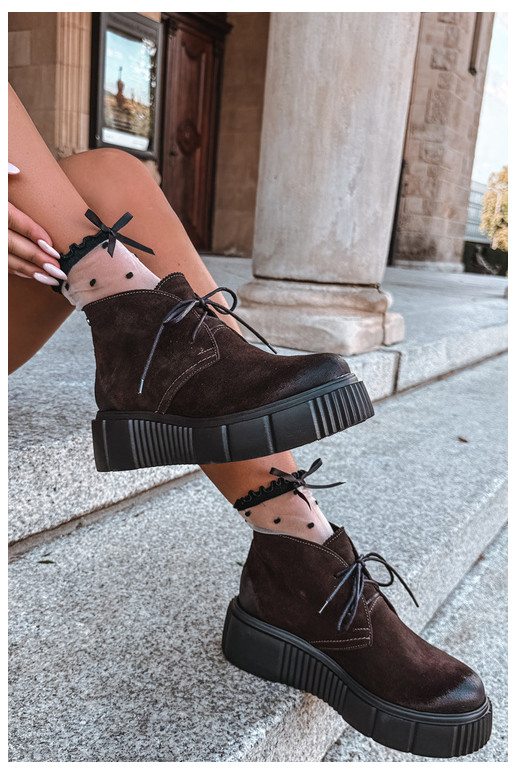 Leather women's faux suede warm shoes with platform in brown color Zazoo 60588