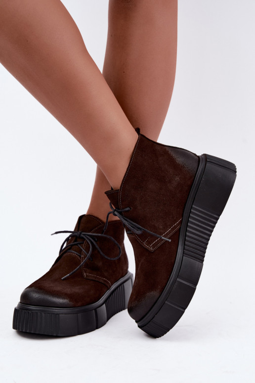 Leather women's faux suede warm shoes with platform in brown color Zazoo 60588
