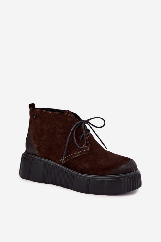 Leather women's faux suede warm shoes with platform in brown color Zazoo 60588