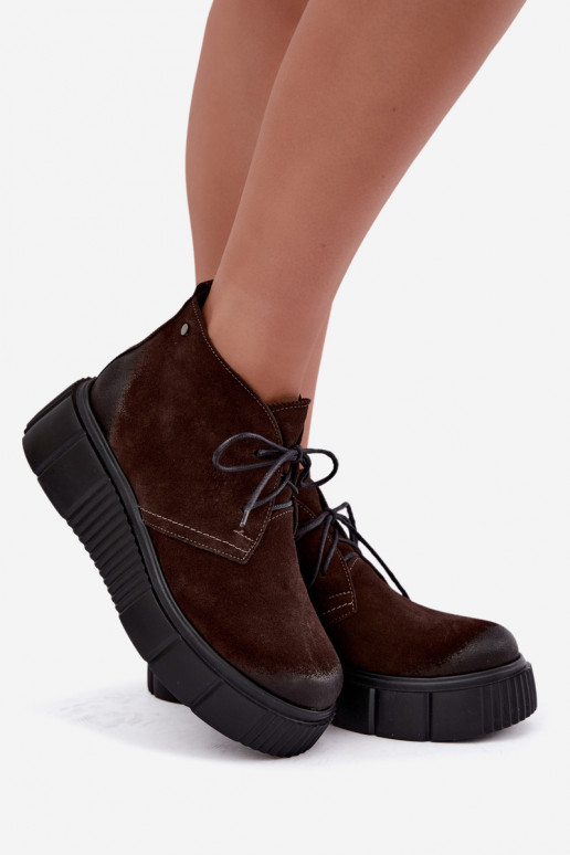 Leather women's faux suede warm shoes with platform in brown color Zazoo 60588