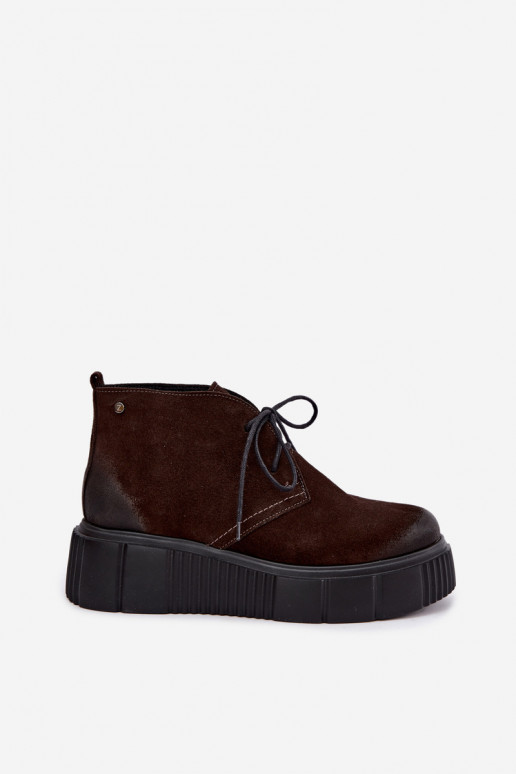 Leather women's faux suede warm shoes with platform in brown color Zazoo 60588