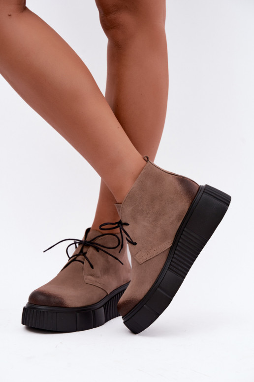 Leather women's faux suede warm shoes with platform in sand color Zazoo 60588