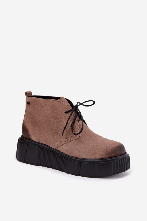 Leather women's faux suede warm shoes with platform in sand color Zazoo 60588
