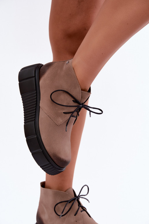 Leather women's faux suede warm shoes with platform in sand color Zazoo 60588