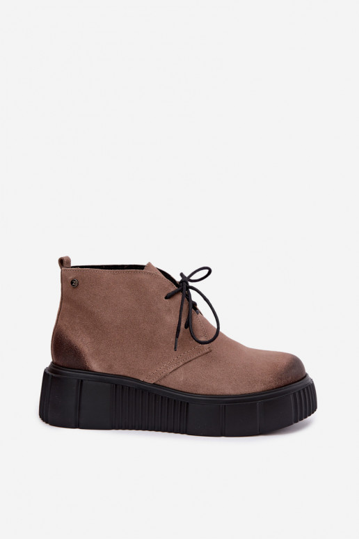 Leather women's faux suede warm shoes with platform in sand color Zazoo 60588