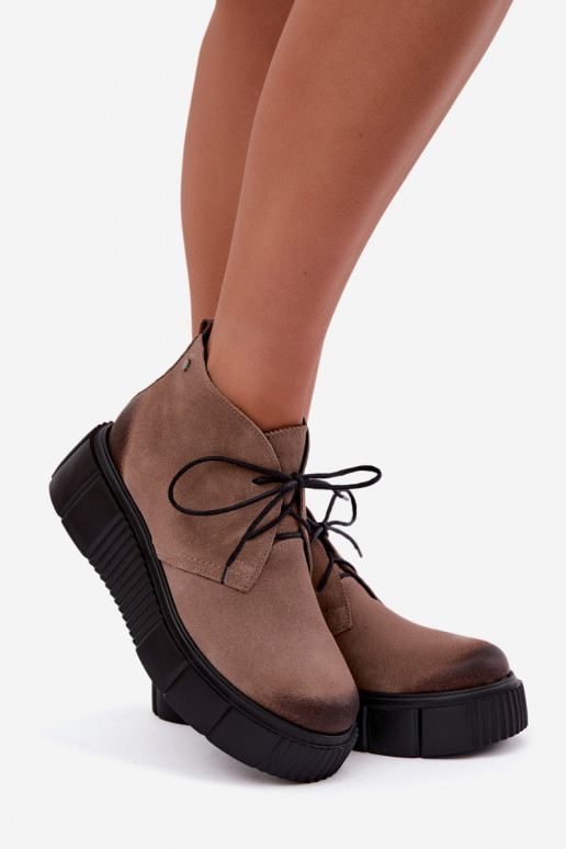 Leather women's faux suede warm shoes with platform in sand color Zazoo 60588