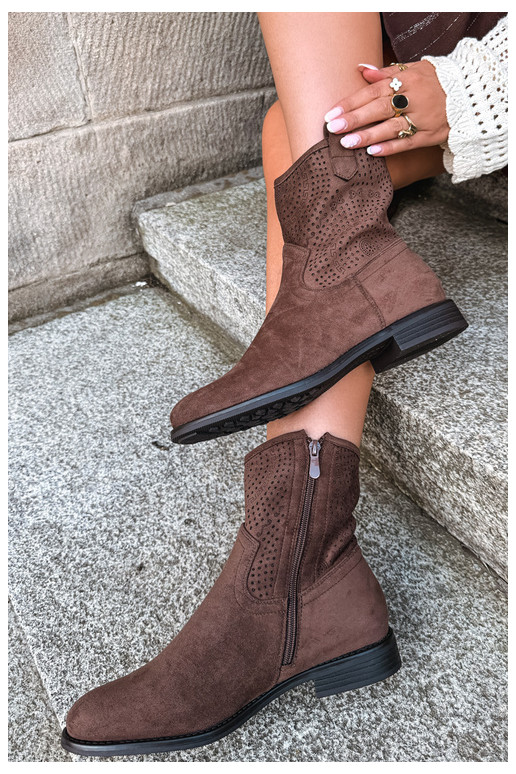 Women's Perforated Ankle Boots With Flat Heel S.Barski HY62-8125 Chocolate