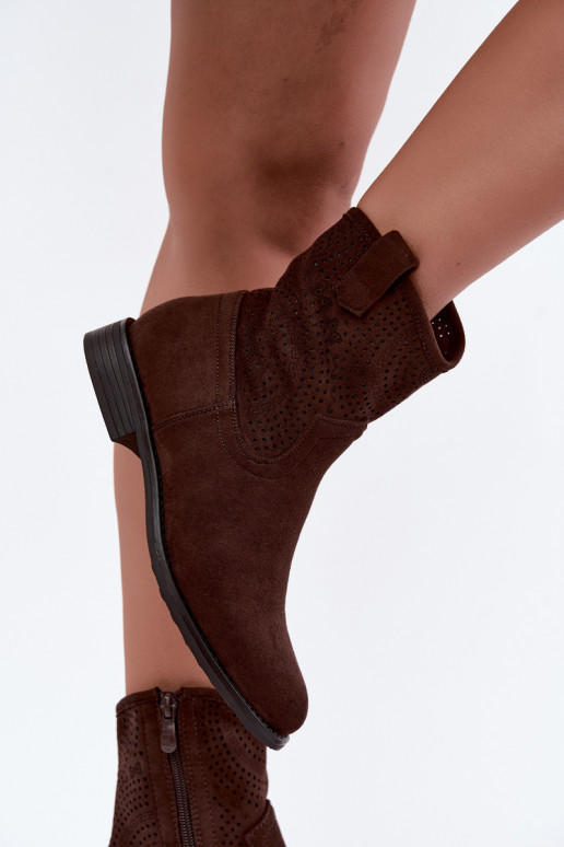 Women's Perforated Ankle Boots With Flat Heel S.Barski HY62-8125 Chocolate