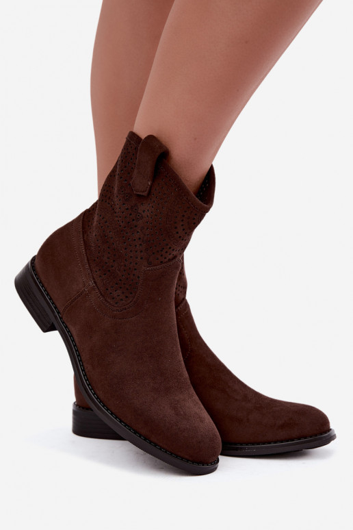 Women's Perforated Ankle Boots With Flat Heel S.Barski HY62-8125 Chocolate