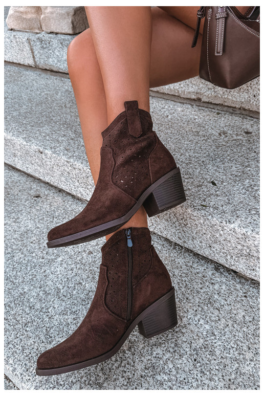 Women's Perforated Cowboy Ankle Boots With Heel S.Barski HY62-8147 Chocolate