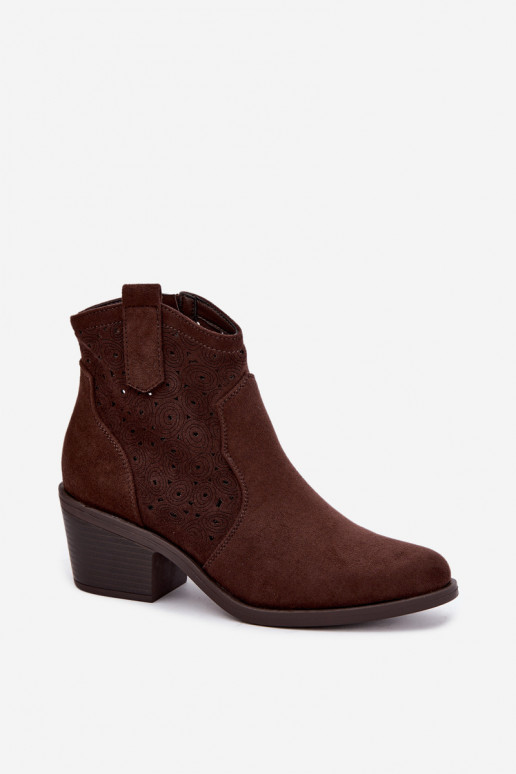 Women's Perforated Cowboy Ankle Boots With Heel S.Barski HY62-8147 Chocolate