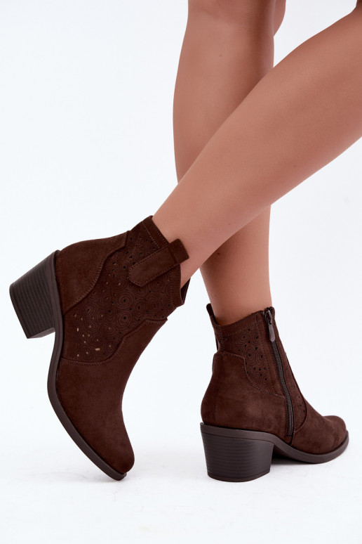 Women's Perforated Cowboy Ankle Boots With Heel S.Barski HY62-8147 Chocolate