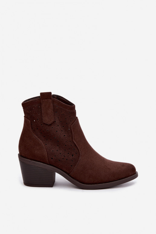 Women's Perforated Cowboy Ankle Boots With Heel S.Barski HY62-8147 Chocolate