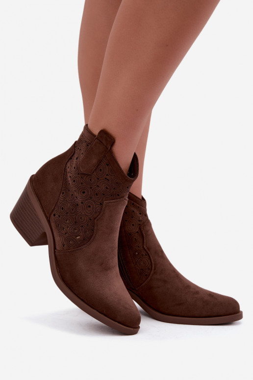 Women's Brown Perforated Cowboy Ankle Boots with Heel S.Barski HY62-8147