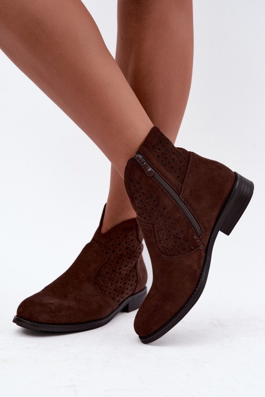 Women's Flat Heel Ankle Boots With Perforated Shaft S.Barski HY62-8151 Brown
