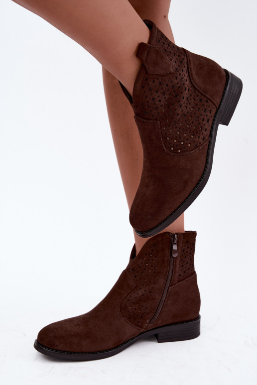 Women's Flat Heel Ankle Boots With Perforated Shaft S.Barski HY62-8151 Brown
